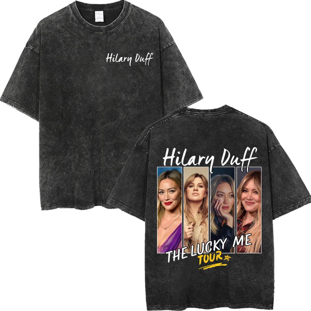Hilary Duff The Lucky Me Tour Vintage Washed Tshirt Fashion Aesthetic Short Sleeve Tshirts Men Women Casual Loose T Shirt