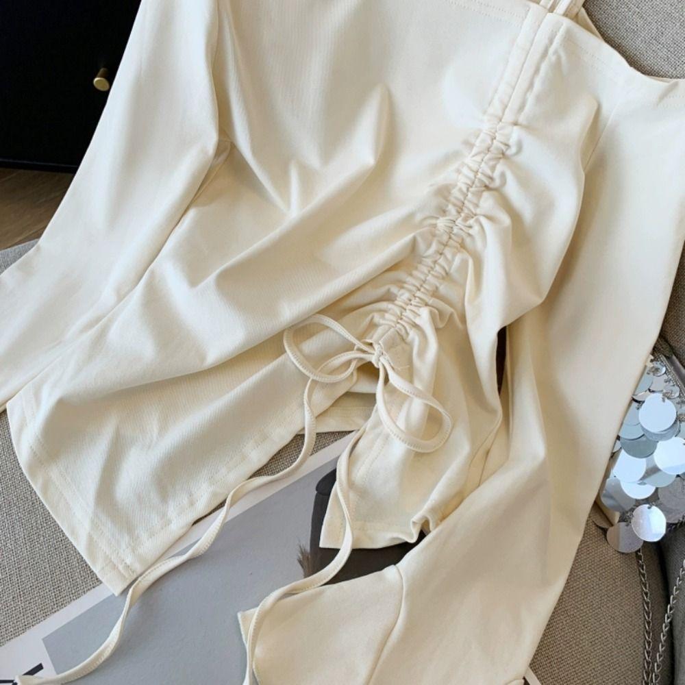 Drawstring Irregular T Shirt Sweet Long Sleeve Crop Top Fashion Off Shoulder Top Streetwear