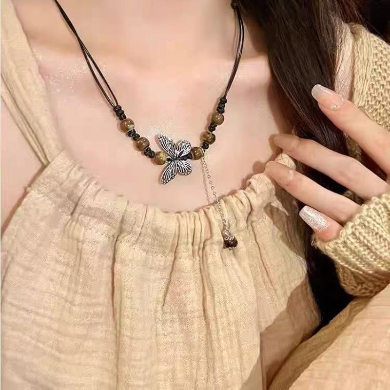 Authentic color beaded ceramic butterfly woven rope necklace ethnic antique accessories high-end lock