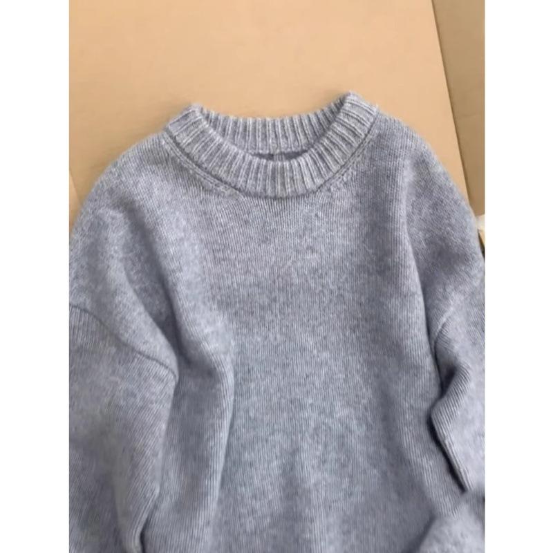 Premium Gray Crew Neck Pullover Knitted Sweater Top Women's Autumn and Winter Loose Thickened Relaxation Soft Waxy Lazy Sweater