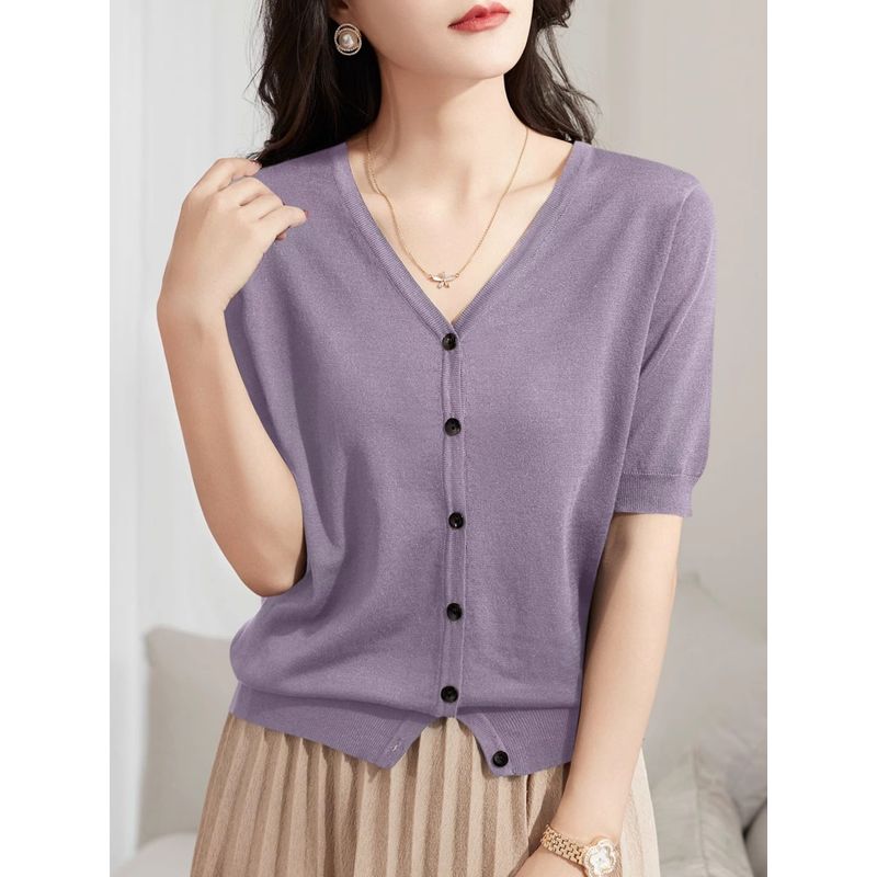 

Women s Clothing Fancy Summer Half Sleeve Thin Knitting Cardigan Lilac purple ~ high quality fabric M