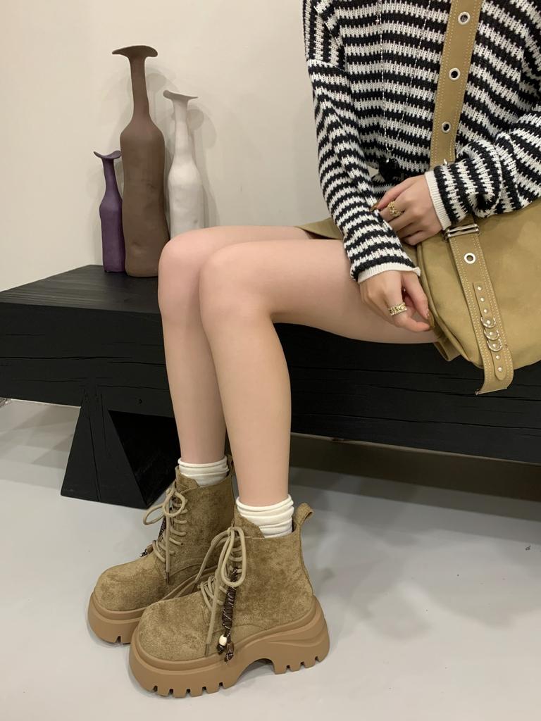 Thick-soled Temperament Martin Boots Women's 2025 New Autumn British Style Lace-up Short Boots Small Height-increasing Boots