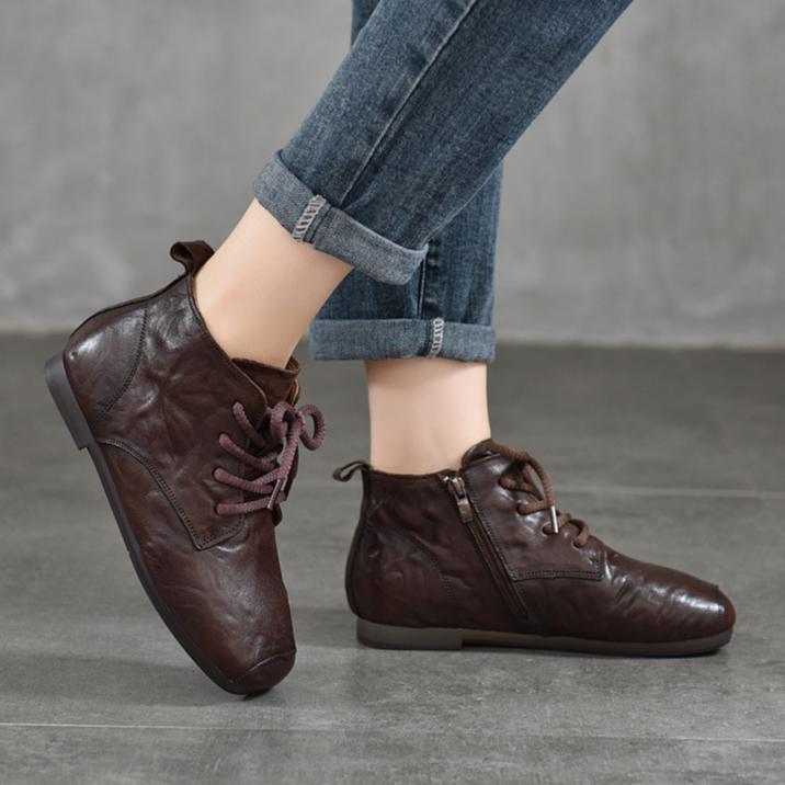 Johnature Genuine Leather Pleated Short Boots Round Toe Soft Sole Lace Up Versatile Women's Shoes