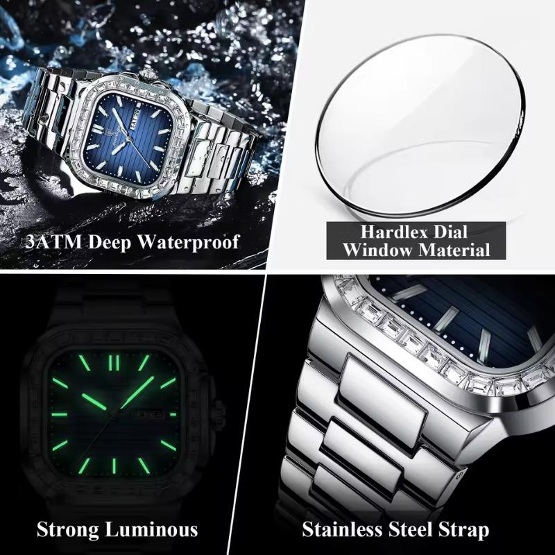 POEDAGAR Top Brand Luxury Watch for Men Waterproof Luminous Date Week Wristwatch Stainless Steel Square Quartz Watches