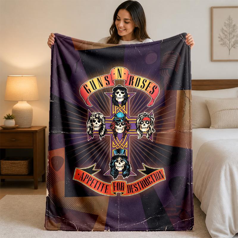 Guns N’ Roses Print Flannel Blanket Cozy Lightweight Plush Throw Blanket For Bed Sofa Household Use