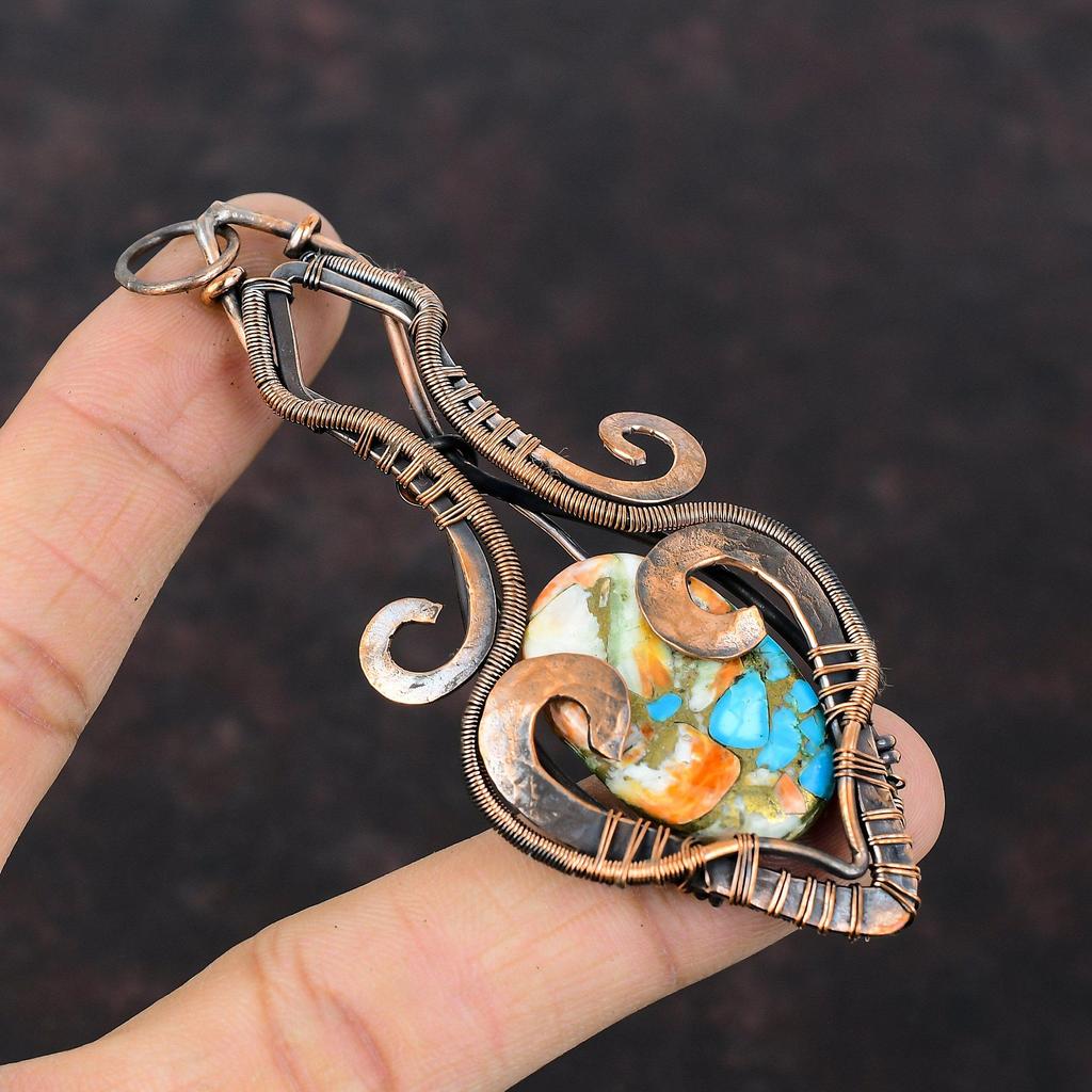 Spiny Oyster Copper Turquoise Pendant Copper Wire Wrapped Pendant Handmade Natural Gemstone Pendant Copper Jewelry For Gift Designer Pendant