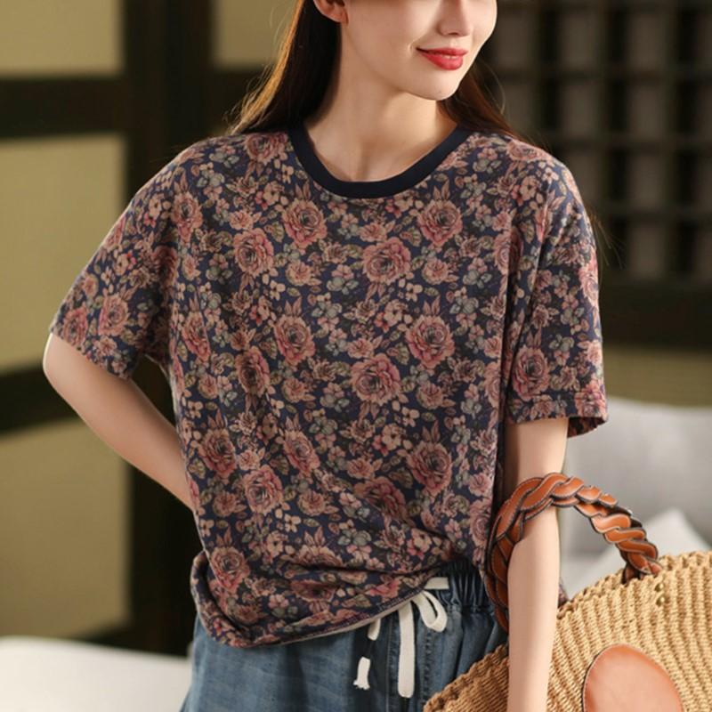 Johnature Women Print Floral T-Shirts O-Neck Short Sleeve Soft Summer Loose Casual T-Shirts