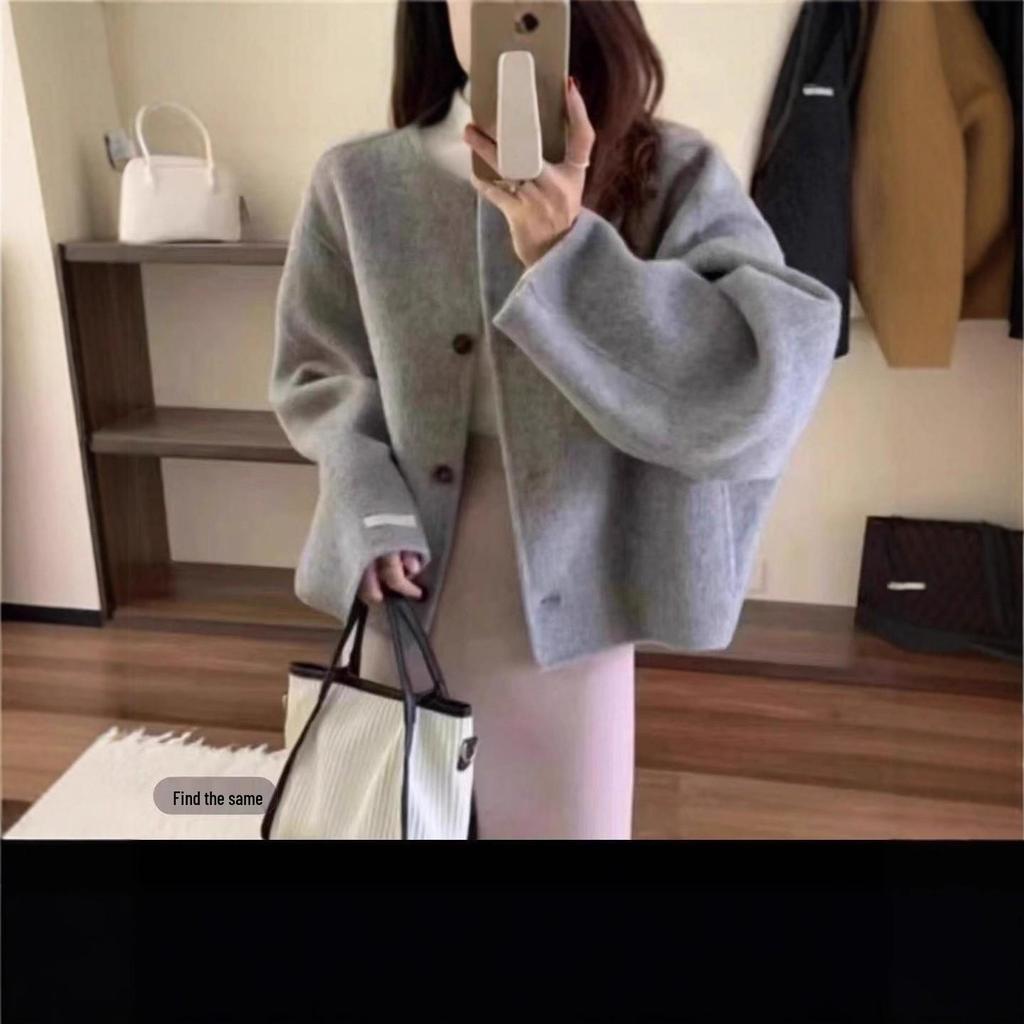 Double-Sided Wool Short Cashmere Coat - Autumn/Winter Korean Style, Petite Silhouette with Round Neck.