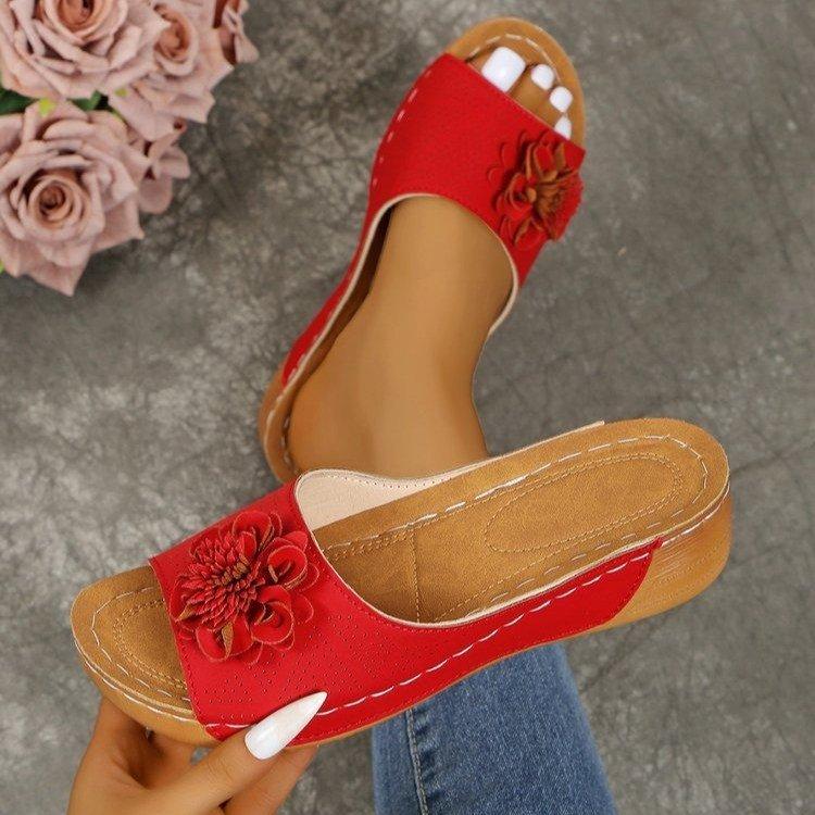 Retro Shoes For Women Summer  New Wedge Heels Non-Slip Flower Decor Plus Size Sandals Open Toe Round Head Women'S Slippers