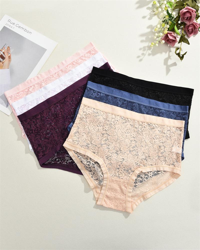 3PCS/Set Floral Embroidery Lace Panties Women's Plus Size Underwear Sexy Hollow Solid Briefs Girls Mid-Rise Temptation Lingerie