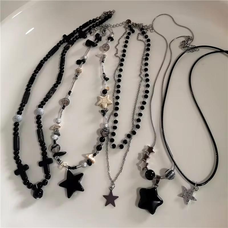 Kpop Fashion Star Pentagram Pendant Y2K Beaded Choker Necklace For Women Men Aesthetic Jewelry Punk Hip Hop Grunge Accessories