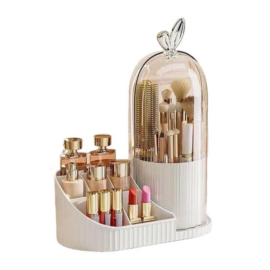 Rotating Makeup Brush Holder Dustproof Makeup Brush Organizer with Sliding Door Cosmetic Tools Beauty Brushes Holder for Vanity Table Bathroom