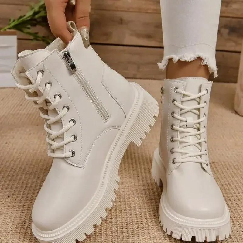 Thick Warm Long Plush Ankle Boots for Women Winter Lace Up Pu Leather Motorcycle Boots Woman Plus Size Short Booties Shoes
