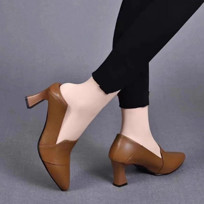 Temperament High Heels Women's Spring and Autumn New Pointed Thick Heel Versatile One-pedal Single Shoes Soft Leather Medium Heel Small Leather Shoes
