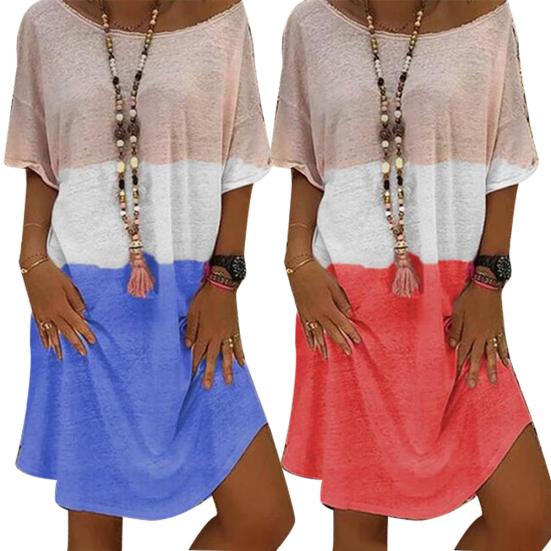 

Ashley Woman Женское повседневное летнее платье с круглым вырезом с коротким рукавом и цветными блоками Свободное платье длиной до колена