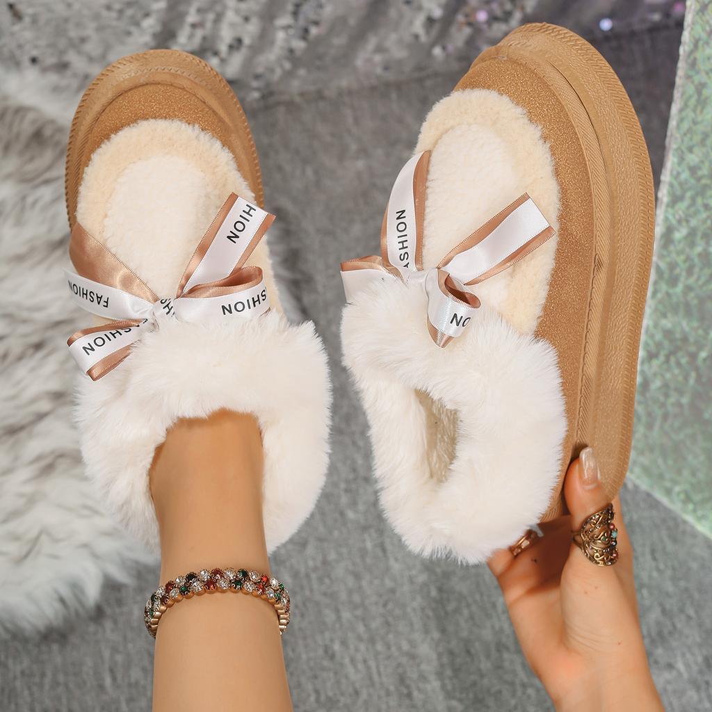 Fashion 2025 Fashion Bow Fluffy Snow Boots Women Thick Sole Faux Fur Winter Boots Woman Non Slip Thick Plush Platform Ankle Botas Mujer