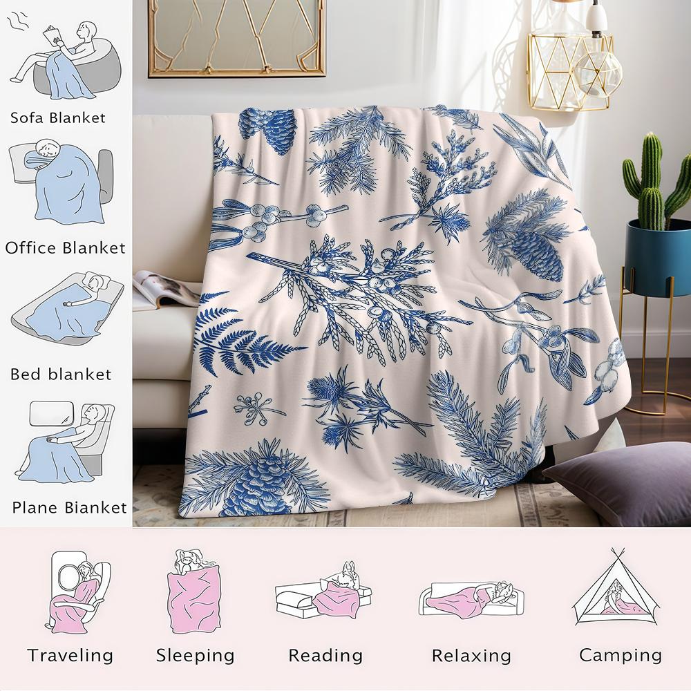 Indigo Pine Bough Flannel Blanket Warm Soft Halloween Christmas Couch Warm Cozy Decorative Decor Gift for All Season