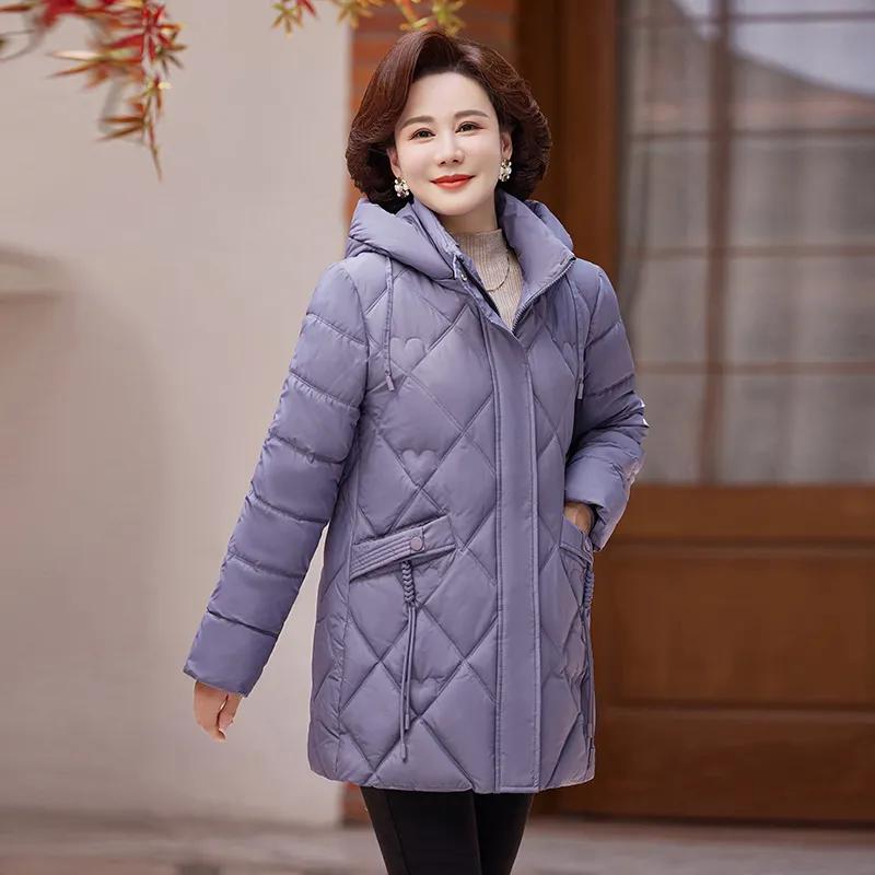 

Зимняя женская длинная куртка, пальто для женщин среднего возраста, с капюшоном, элегантная, толстая, теплая, зимние парки, свободная верхняя одежда, женские куртки XXXL фиолетовый