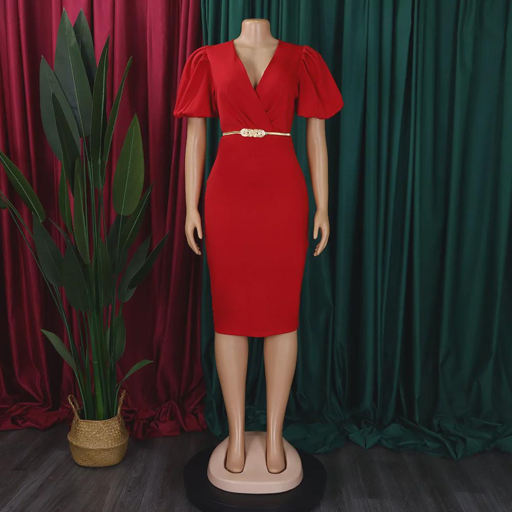 D411 Dámské letní šaty s nabíranými rukávy, výstřihem do V a obepínající boky - Profesionální OL styl pro africký, evropský a americký trh