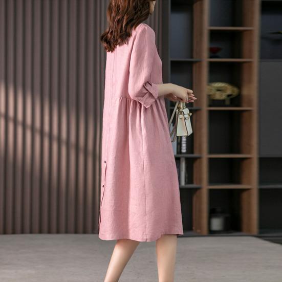 Women Shirt Dress Lapel 3/4 Sleeve High Waist Midi Dress Solid Color Loose Fit Summer Dress Office Lady Wear