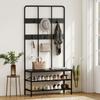 3-in-1 Hallway Coat Rack with 6 Hooks and Shoe Rack Bench, 91x36x180cm, Black