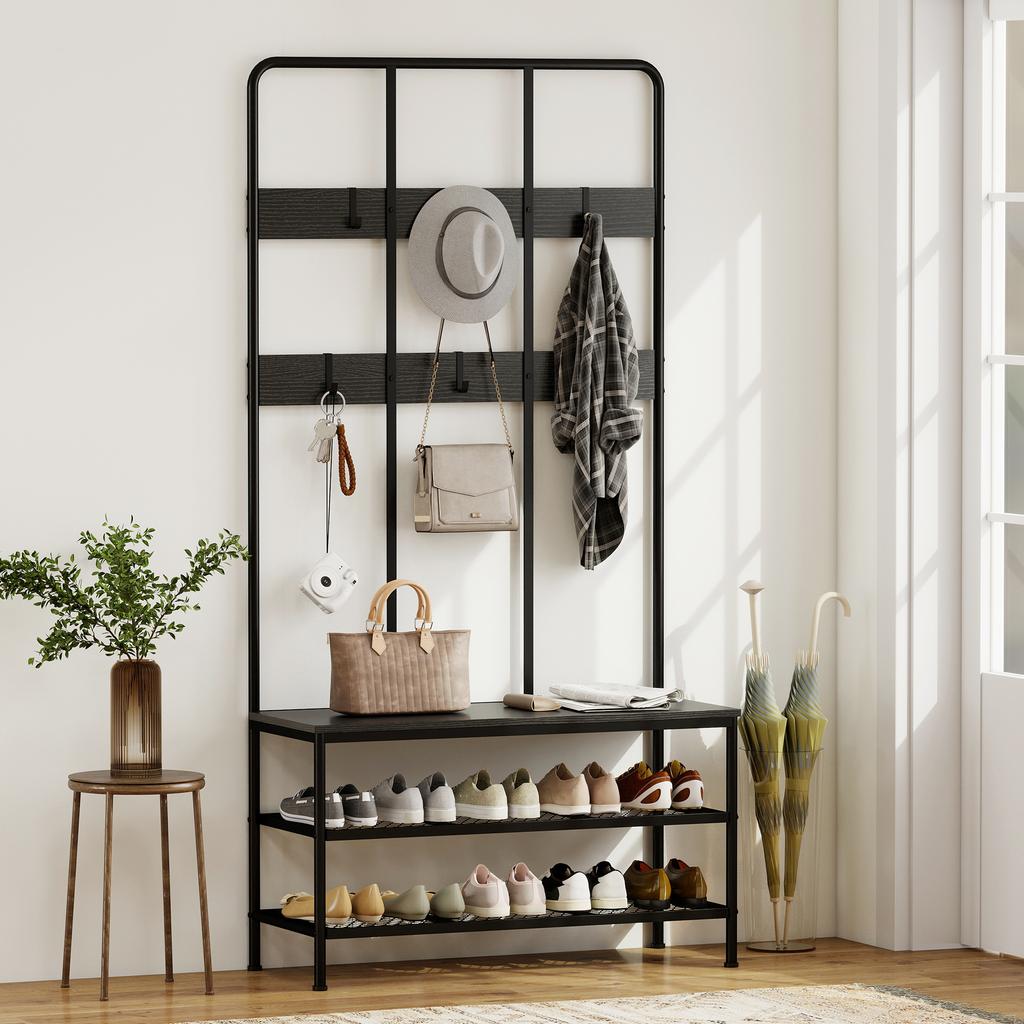 3-in-1 Hallway Coat Rack with 6 Hooks and Shoe Rack Bench, 91x36x180cm, Black