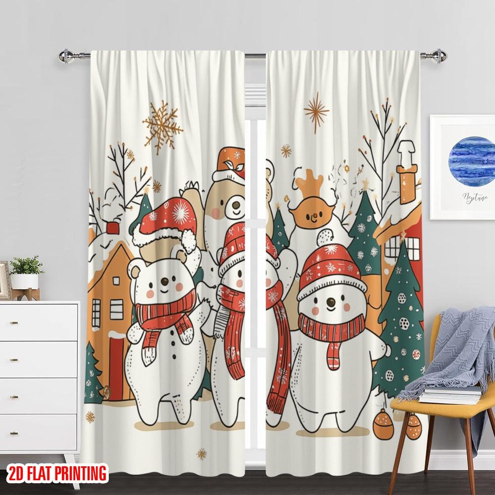 2pcs,2D plane printing Window Curtain Christmas bears snowmen cute (2) Durable 100% Polyester Fabric (without rod) Outdoor