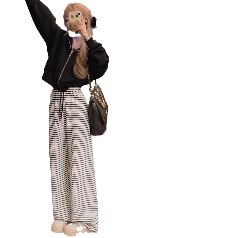 Petite Women's High-Waisted Black & White Striped Fleece-Lined Wide-Leg Pants for Autumn/Winter