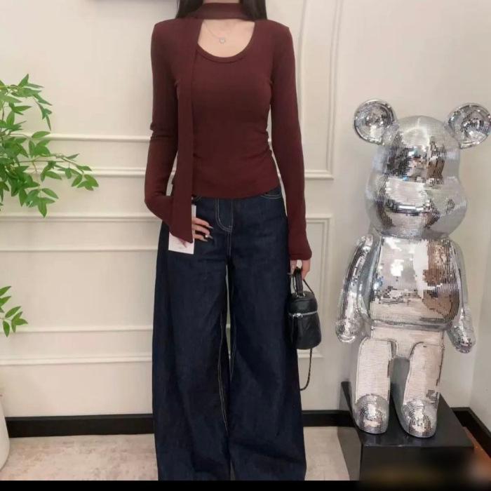 Threaded Velvet U-Neck Long-Sleeve Fleece T-shirt - Autumn/Winter Ribbon Design, Elegant Style