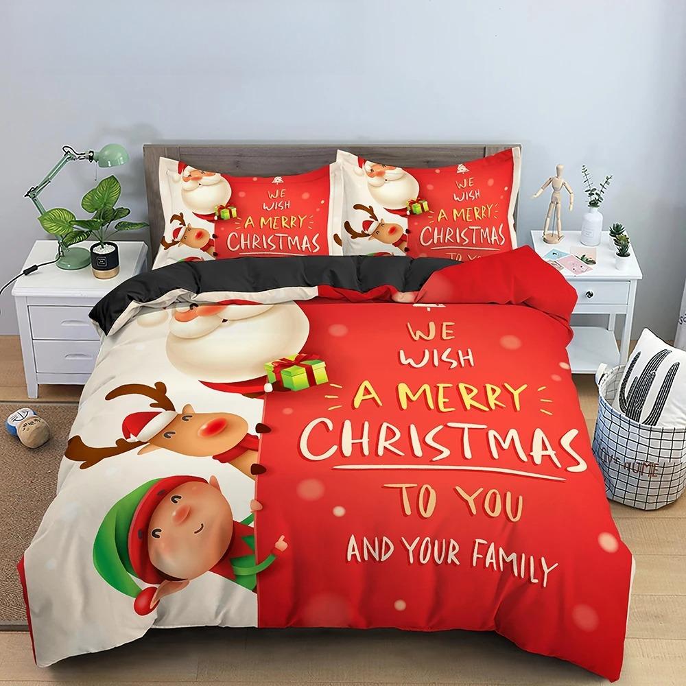 3D Frohe Weihnachten King Queen Bettwäscheset Kinder Cartoon Weihnachtsmann Schneemann Rentier Bettdeckenbezug XMAS Bettbezug Polyester Steppdecke