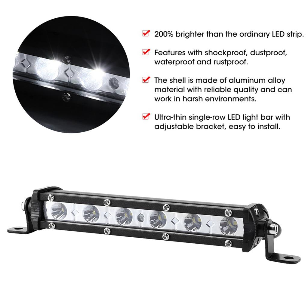 7in 18W 6LED 6000K White Work Light IP67 Ultra Slim Lamp Bar Stripe for Offroad Ships Auto