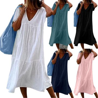 Women's Solid Color Summer Dress Short Sleeve V Neck Down Casual Swing Short Beach Dress