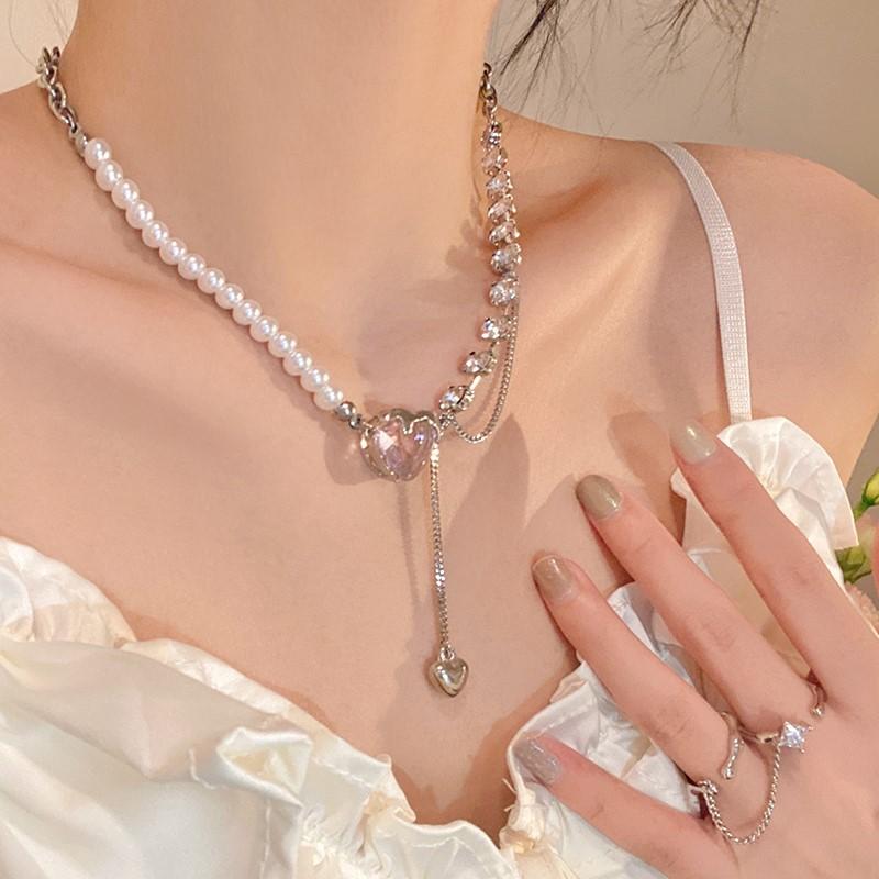 Elegant Rhinestone Pearl Necklace Love Heart Pendant Choker for Women Pink Crystal Party Wearing Accessories Jewelry Gifts