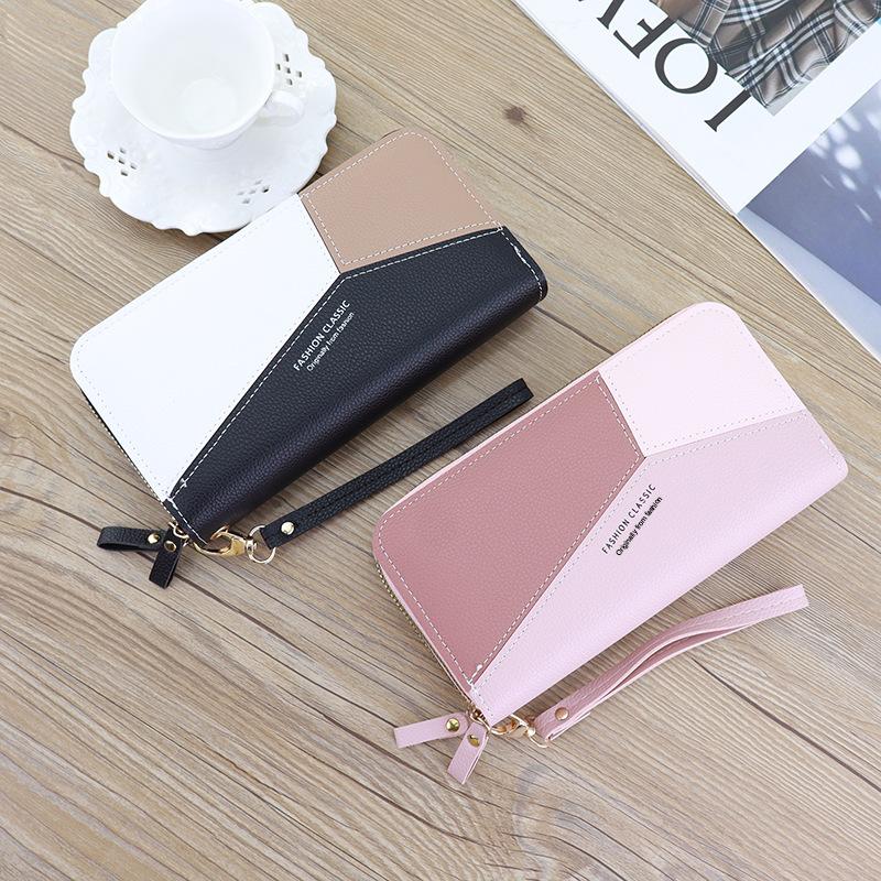 Damen-Doppelreißverschluss-Geldbörse Große Kapazität Mehrere Kartenfächer PU-Leder Handtasche Farbblockierung Kontrastierende Farbe Lange Geldbörse Null-Geldbeutel