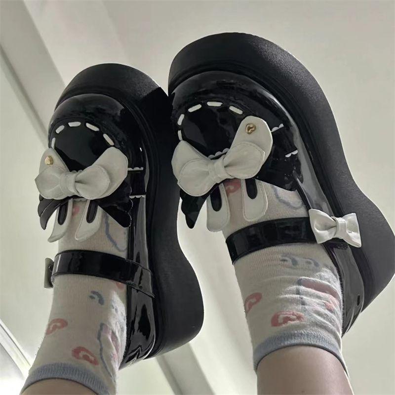 Woman Pumps Round Toe with Bow Cute Japanese Style Lolita Shoes for Women Black Kawaii Elegant Dress Genuine Mark Luxury Brand