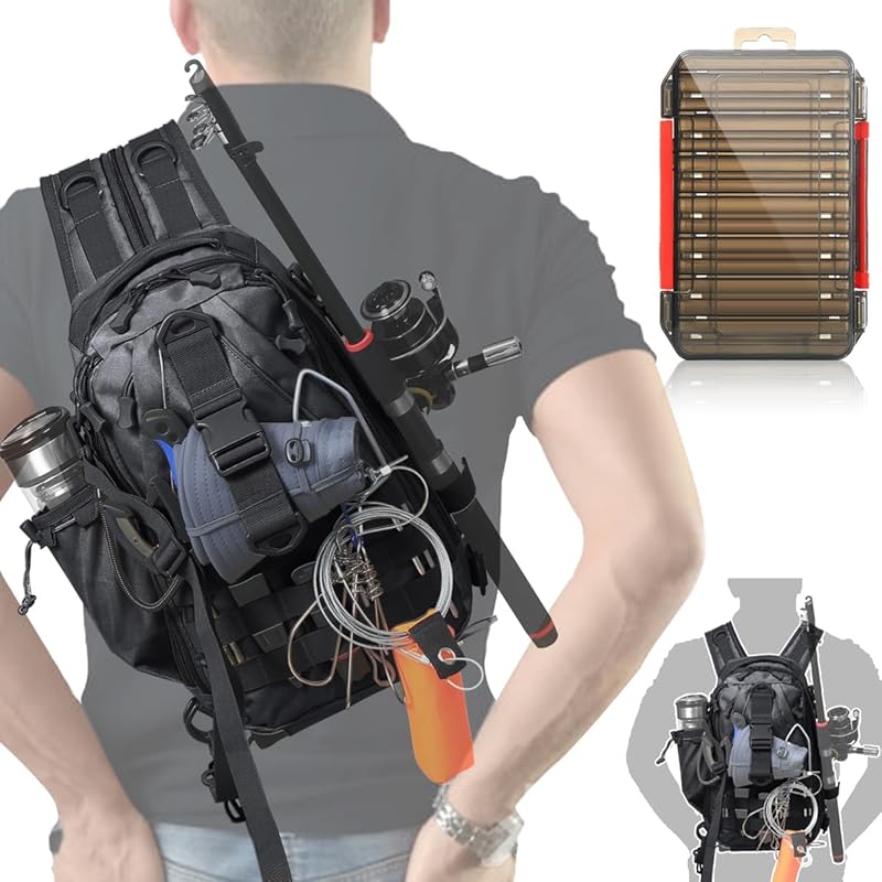 Aertiavty Fishing Backpack, Fishing Bag with Tackle Box, Compact Fishing Tackle Bag, Fishing Tackle Backpack with Rod Holder for Outdoor Sport