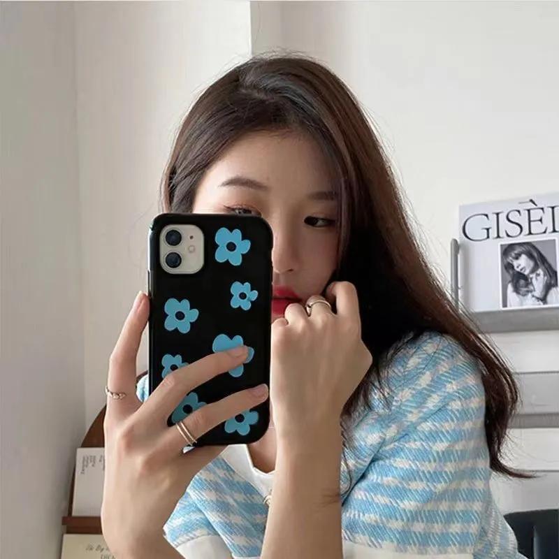 INS Fashion Blue Flower Phone Case For IPhone 16 Pro 15 14 13 12 11Promax XS XR 7 8 Plus Fashion Anti Fall Minimalist Cover Y2k