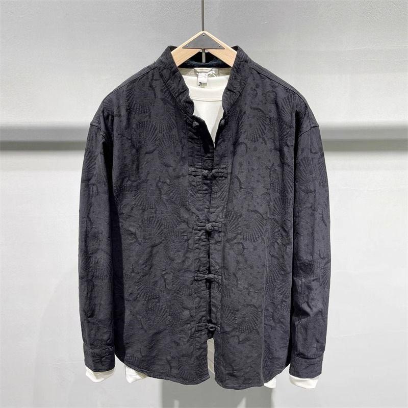 Men's Brown Mandarin Collar Shirt Traditional Frog Button Pattern Design Long Sleeve Casual Fashion Loose Blouse