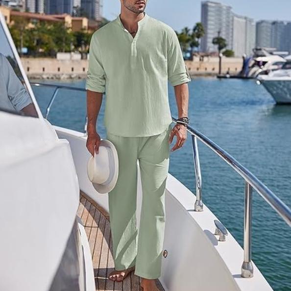 Men's Long Sleeve Shirt and Pants Suits Men Beach Wear Tracksuit Solid Color Shirts Sweatpants Hawaiian Vacation Men's Clothing