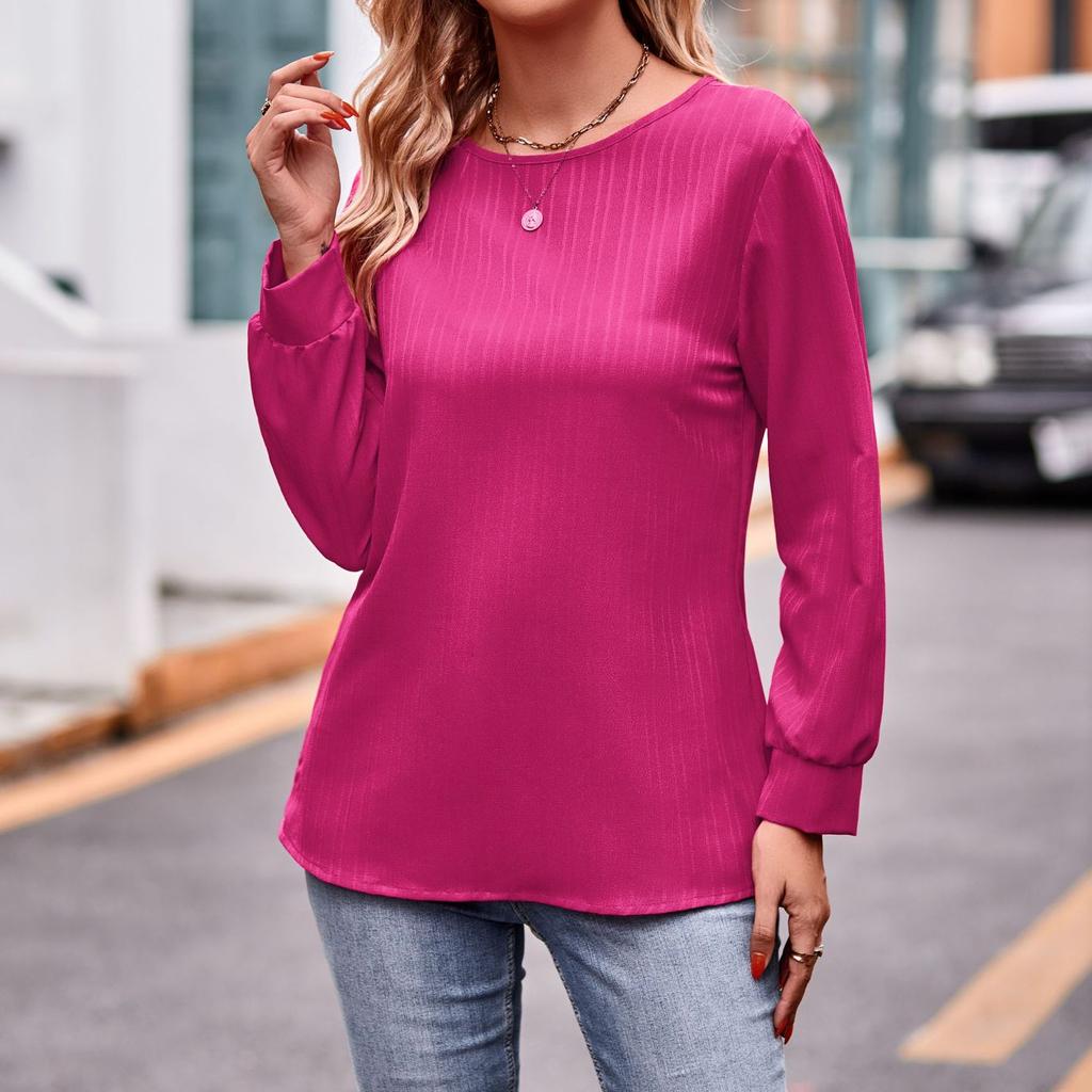 JKASHDK Women's Fashion Casual Spring Fall Solid Color Print Long Sleeve O-Neck Blouses & Shirts