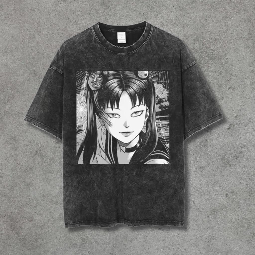 Retro Washed Black Cotton T-Shirt Gothic Horror Manga Girl with Spider Web Print Oversized Streetwear Tee