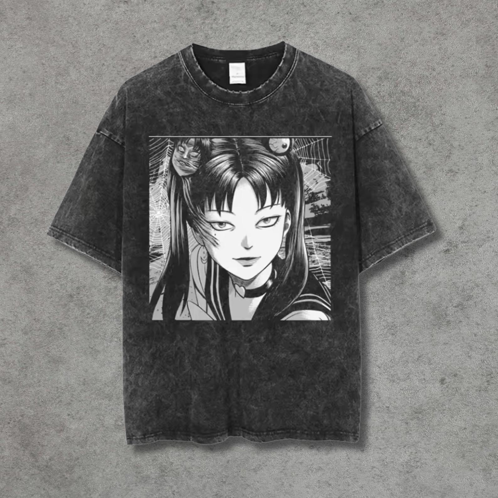 Retro Washed Black Cotton T-Shirt Gothic Horror Manga Girl with Spider Web Print Oversized Streetwear Tee S