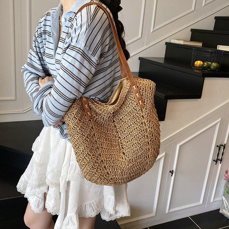 Straw Woven Bag, Women's Handmade Woven Bag, Beach Bag, Large Capacity Single Shoulder Tote Bag, Women's Bag, Casual Versatile