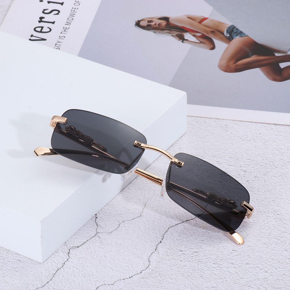 Fashion Rimless Rectangle Sunglasses Women Men Retro Cheetah Clear Ocean Lens UV400 Eyewear Shades Sun Glasses