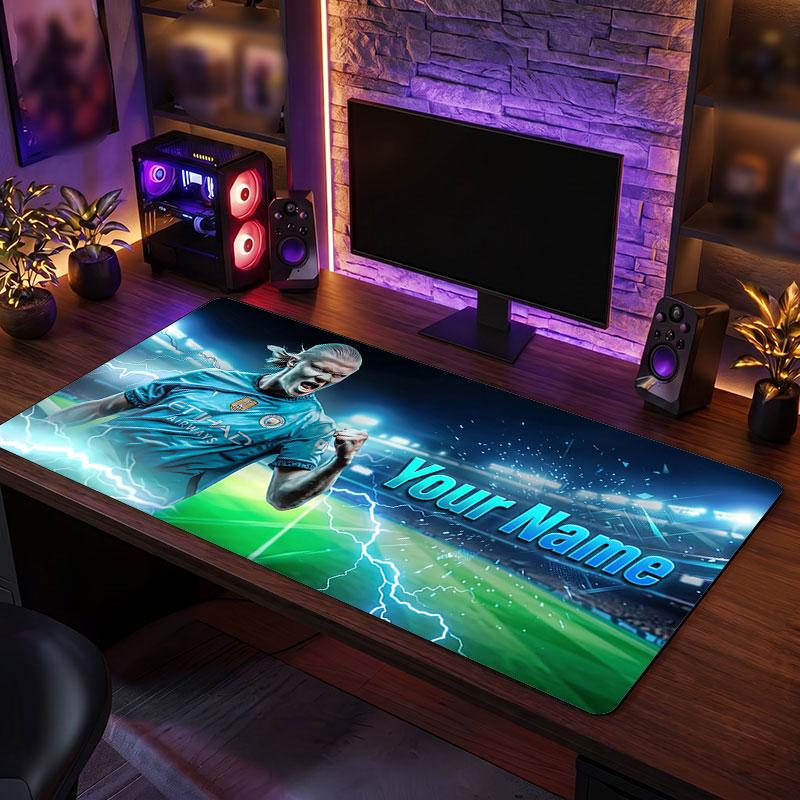 Erling Haaland Custom Large Mouse Pad, Personalized Name Text Print, Football Logo Non‑Slip Desk Mat Gaming Gift