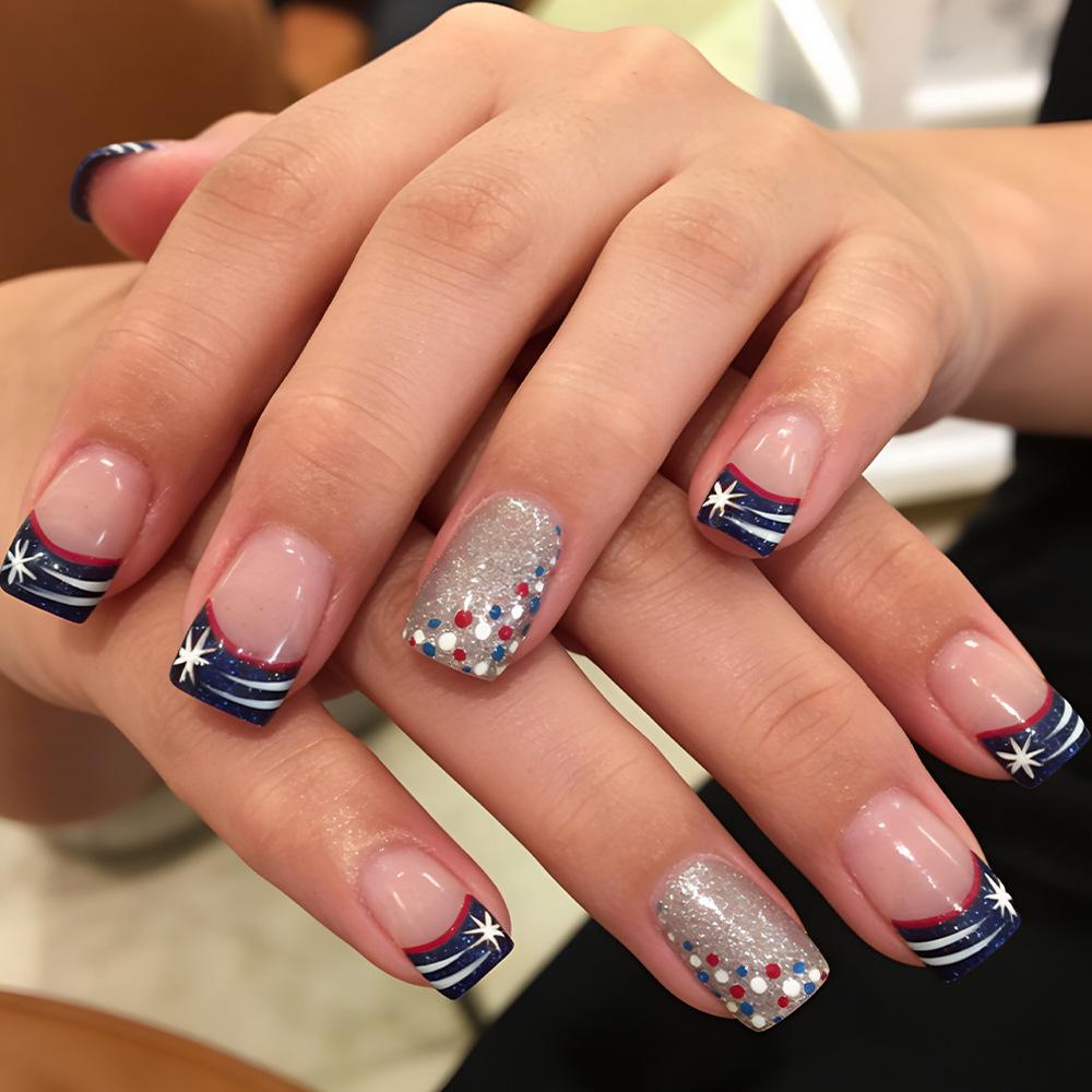 Independence Day French Wearable Nails: Star Polka Dot & Red-White Stripes Glitter Glossy Art - 24 Piece Set