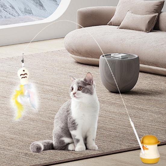 Interactive Cat Teaser Stick Cat Toy with Feathered Fish Interchangeable Teaser Heads 360-Degree Rotating Duck Base Detachable Teaser Wand