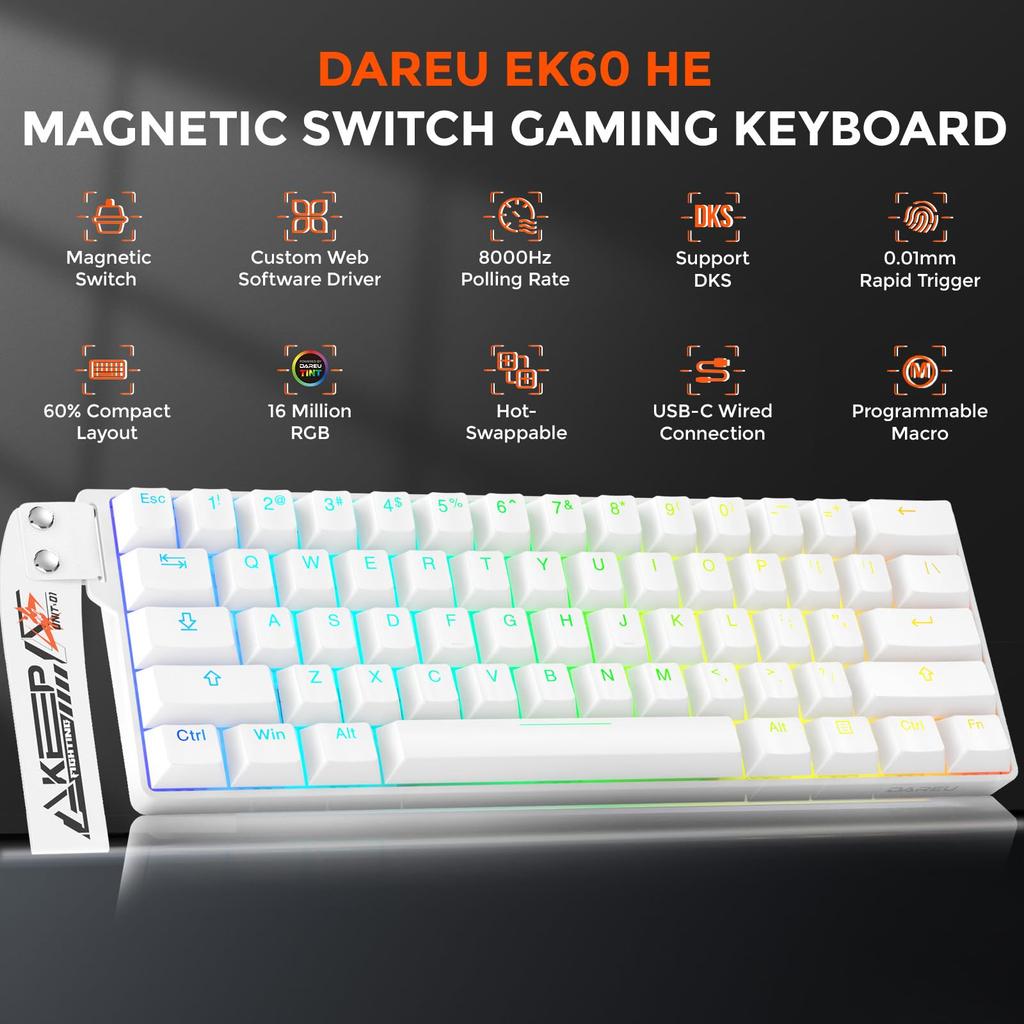 DAREU EK60HE Gaming Keyboard with Rapid 8000Hz Polling Magnetic SOCD English 0.01mm Trigger, Rate, Hot-Swap Switches, Compatible, Tenkeyless, 60%