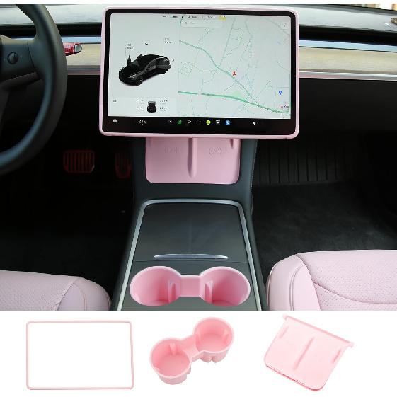 3PCS Center Console Accessories For Tesla Model Y -2024 And Model 3 - Cup Holder Ert, Screen Edge Protector Frame, Silicone Wireless Charger Mat,