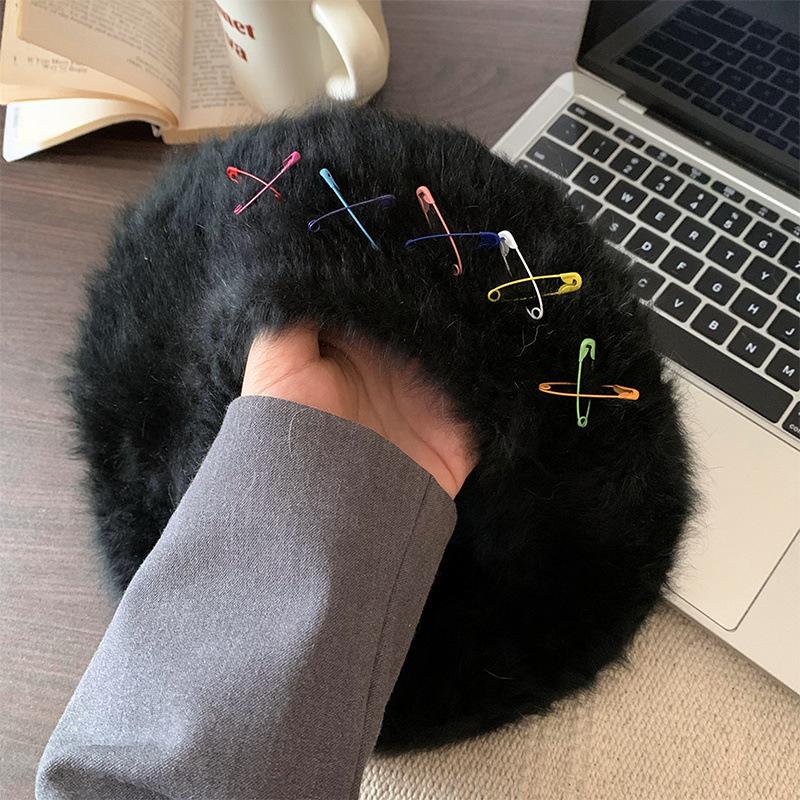 Hat Women's Autumn and Winter Plush Hat Cute Beret Women's Pin Dopamine Knitted Painter Hat